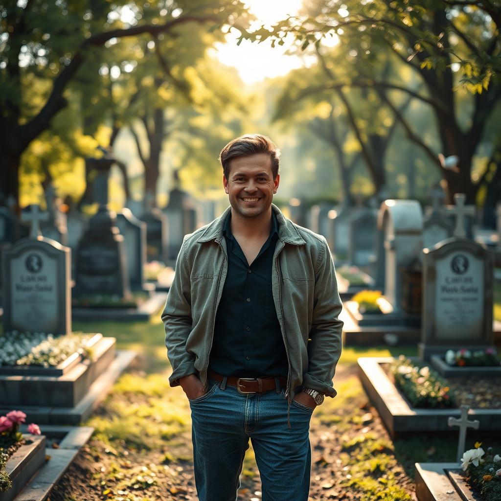 A kind and radiant man standing in a peaceful cemetery, surrounded by beautifully arranged gravestones and soft, dappled sunlight filtering through the trees