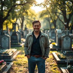 A kind and radiant man standing in a peaceful cemetery, surrounded by beautifully arranged gravestones and soft, dappled sunlight filtering through the trees