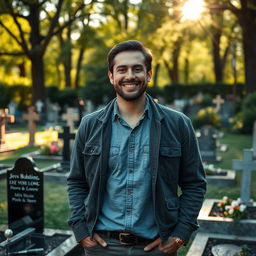 A kind and radiant man standing in a peaceful cemetery, surrounded by beautifully arranged gravestones and soft, dappled sunlight filtering through the trees