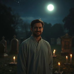 A kind-faced man dressed in white clothing standing in a graveyard at night, the moon shining brightly casting gentle shadows, serene atmosphere filled with soft, glowing light, surrounded by old tombstones, and a few flickering candles scattered around, evoking a sense of peace and contemplation, with starry sky above