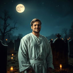 A kind-faced man dressed in white clothing standing in a graveyard at night, the moon shining brightly casting gentle shadows, serene atmosphere filled with soft, glowing light, surrounded by old tombstones, and a few flickering candles scattered around, evoking a sense of peace and contemplation, with starry sky above