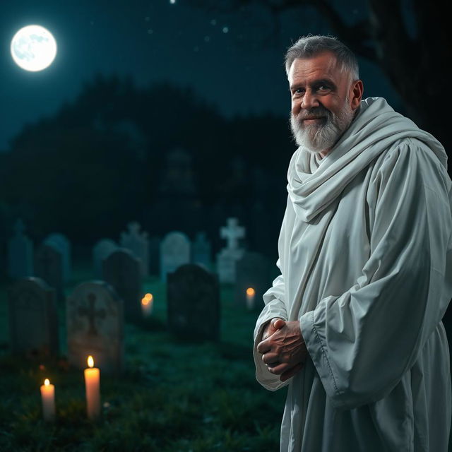 A kind-faced man dressed in white clothing standing in a graveyard at night, the moon shining brightly casting gentle shadows, serene atmosphere filled with soft, glowing light, surrounded by old tombstones, and a few flickering candles scattered around, evoking a sense of peace and contemplation, with starry sky above