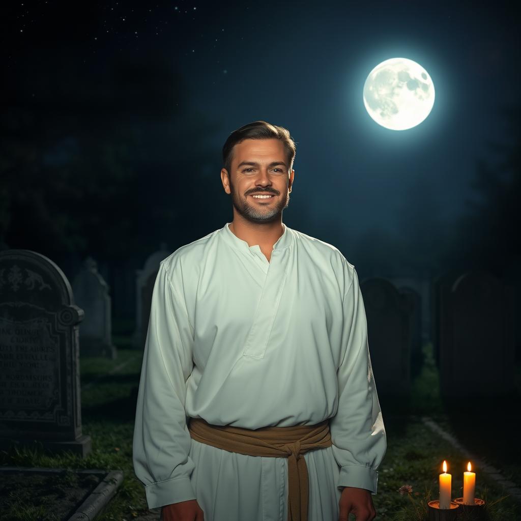 A kind-faced man dressed in white clothing standing in a graveyard at night, the moon shining brightly casting gentle shadows, serene atmosphere filled with soft, glowing light, surrounded by old tombstones, and a few flickering candles scattered around, evoking a sense of peace and contemplation, with starry sky above