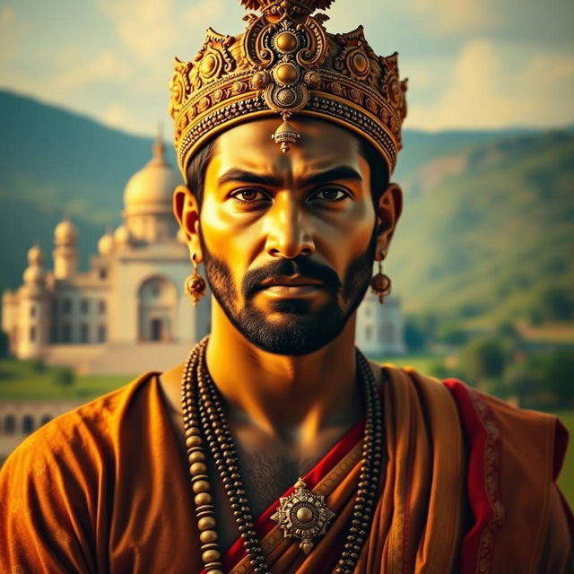 A striking portrait of Mashrafe Mortaza depicted as Yudhisthira, the wise and virtuous king from the Mahabharata