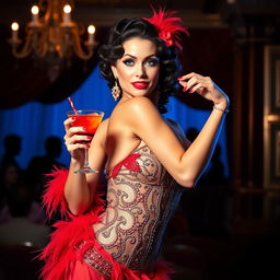 A captivating burlesque dancer striking a pose while elegantly holding a colorful cocktail