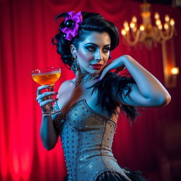 A captivating burlesque dancer striking a pose while elegantly holding a colorful cocktail