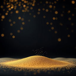 A luxurious and simple scene featuring a dark background adorned with shimmering golden sparkles