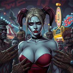 A somber scene featuring Harley Quinn with large breasts, depicted in a vulnerable state among a crowd of Indian men in a cheap circus setting