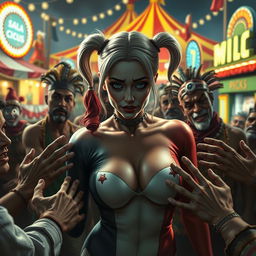 A somber scene featuring Harley Quinn with large breasts, depicted in a vulnerable state among a crowd of Indian men in a cheap circus setting