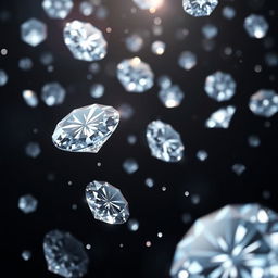 An enchanting visual of shimmering diamonds gracefully falling against a deep, dark background