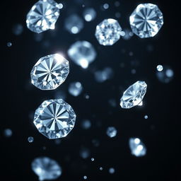 An enchanting visual of shimmering diamonds gracefully falling against a deep, dark background