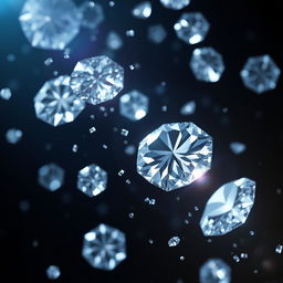 An enchanting visual of shimmering diamonds gracefully falling against a deep, dark background