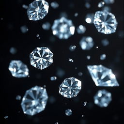 An enchanting visual of shimmering diamonds gracefully falling against a deep, dark background