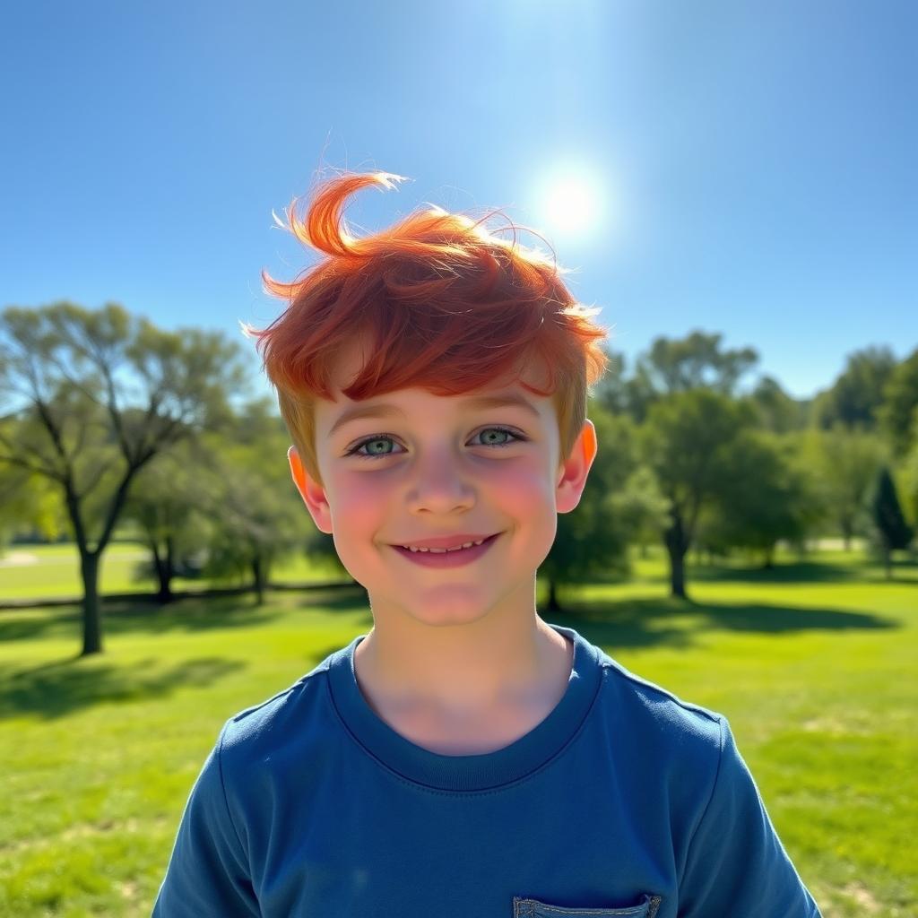 A boy with vibrant red hair, standing in a sunny park