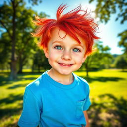 A boy with vibrant red hair, standing in a sunny park