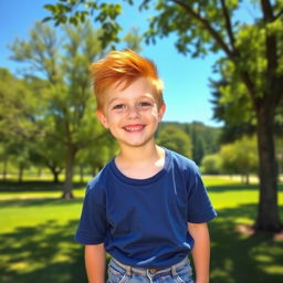 A boy with vibrant red hair, standing in a sunny park