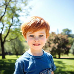 A boy with vibrant red hair, standing in a sunny park