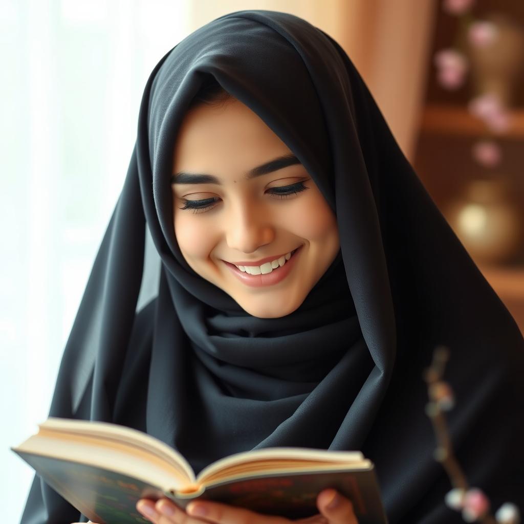 A cheerful and beautiful Iranian girl with a complete hijab, wearing an elegant black Arabic chador