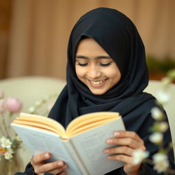 A cheerful and beautiful Iranian girl with a complete hijab, wearing an elegant black Arabic chador
