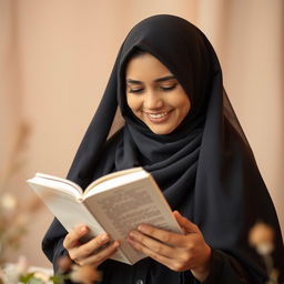 A cheerful and beautiful Iranian girl with a complete hijab, wearing an elegant black Arabic chador