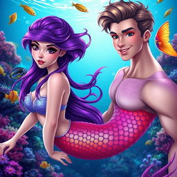 A beautiful female mermaid with long purple hair and striking black eyes, in an underwater setting surrounded by colorful coral reefs and marine life, swimming gracefully