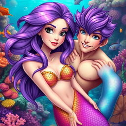 A beautiful female mermaid with long purple hair and striking black eyes, in an underwater setting surrounded by colorful coral reefs and marine life, swimming gracefully