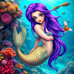 A beautiful female mermaid with long purple hair and striking black eyes, in an underwater setting surrounded by colorful coral reefs and marine life, swimming gracefully