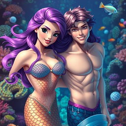 A beautiful female mermaid with long purple hair and striking black eyes, in an underwater setting surrounded by colorful coral reefs and marine life, swimming gracefully
