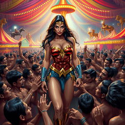 An intense scene depicting Wonder Woman wearing a strapless bikini, standing amidst a crowd of Indian men in a vibrant, cheap Indian circus setting
