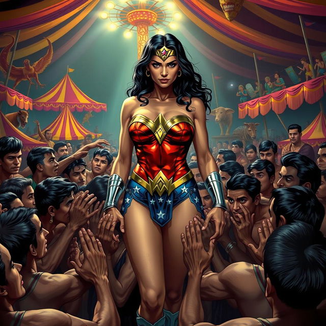 An intense scene depicting Wonder Woman wearing a strapless bikini, standing amidst a crowd of Indian men in a vibrant, cheap Indian circus setting