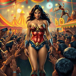 An intense scene depicting Wonder Woman wearing a strapless bikini, standing amidst a crowd of Indian men in a vibrant, cheap Indian circus setting