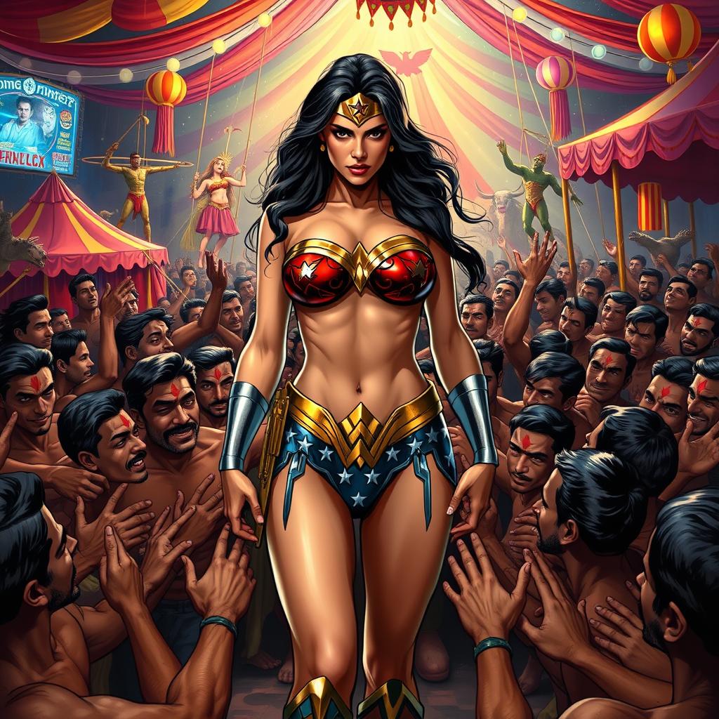 An intense scene depicting Wonder Woman wearing a strapless bikini, standing amidst a crowd of Indian men in a vibrant, cheap Indian circus setting