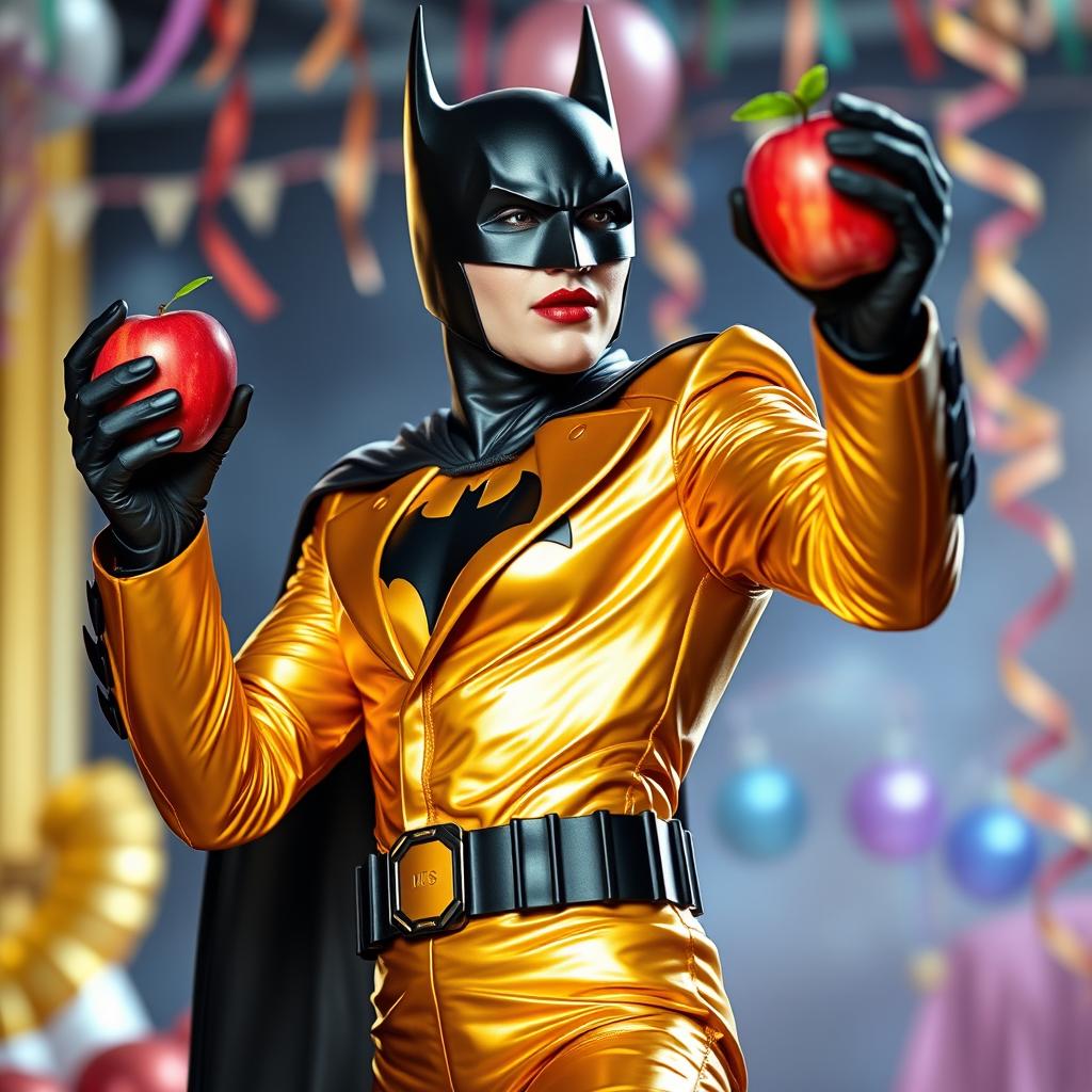 A unique interpretation of Batman wearing a golden suit, holding an apple in one hand while dancing