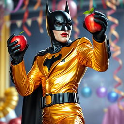 A unique interpretation of Batman wearing a golden suit, holding an apple in one hand while dancing