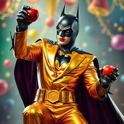 A unique interpretation of Batman wearing a golden suit, holding an apple in one hand while dancing