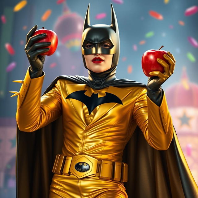 A unique interpretation of Batman wearing a golden suit, holding an apple in one hand while dancing