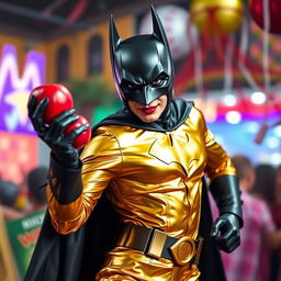 A unique interpretation of Batman wearing a golden suit, holding an apple in one hand while dancing
