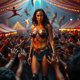 A dramatic cinematic scene featuring Wonder Woman in a strapless bikini, standing confidently yet cautiously amid an enthusiastic crowd of Indian men inside a vibrant, cheap Indian circus