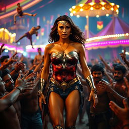 A dramatic cinematic scene featuring Wonder Woman in a strapless bikini, standing confidently yet cautiously amid an enthusiastic crowd of Indian men inside a vibrant, cheap Indian circus