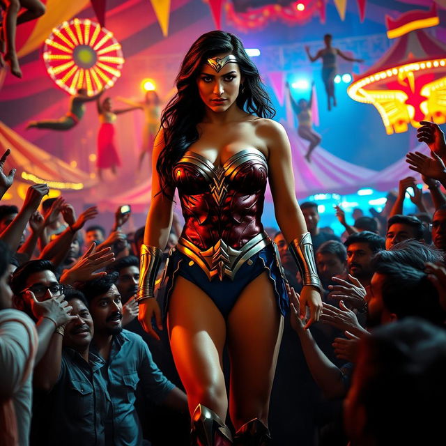 A dramatic cinematic scene featuring Wonder Woman in a strapless bikini, standing confidently yet cautiously amid an enthusiastic crowd of Indian men inside a vibrant, cheap Indian circus