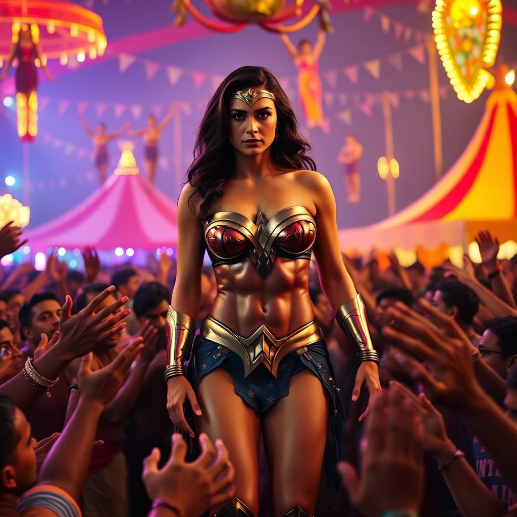 A dramatic cinematic scene featuring Wonder Woman in a strapless bikini, standing confidently yet cautiously amid an enthusiastic crowd of Indian men inside a vibrant, cheap Indian circus