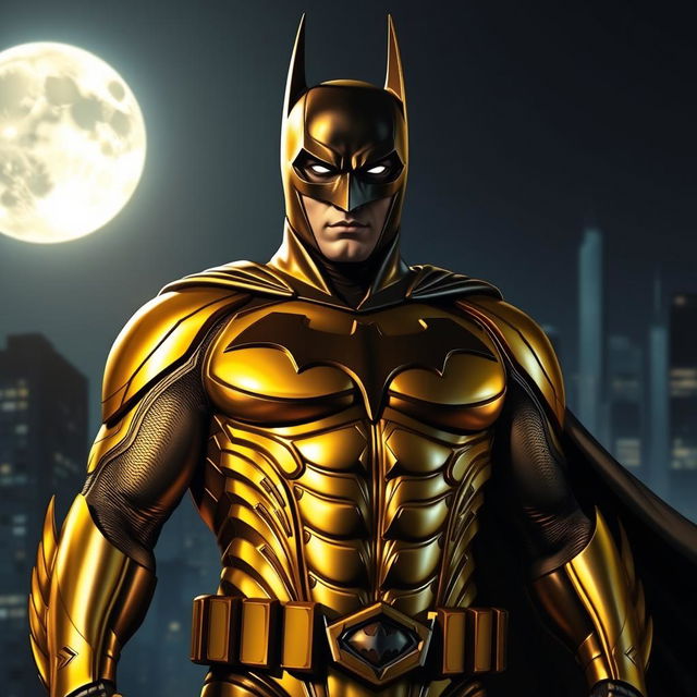 A powerful and heroic depiction of Batman wearing a shiny golden suit, standing confidently in an urban nighttime setting