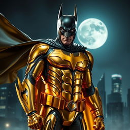 A powerful and heroic depiction of Batman wearing a shiny golden suit, standing confidently in an urban nighttime setting