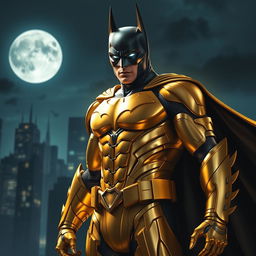 A powerful and heroic depiction of Batman wearing a shiny golden suit, standing confidently in an urban nighttime setting