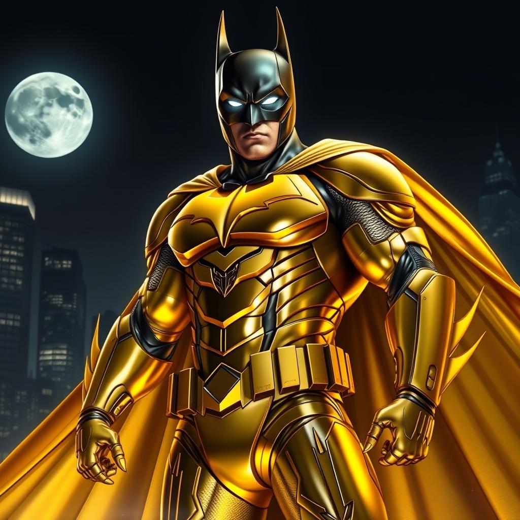 A powerful and heroic depiction of Batman wearing a shiny golden suit, standing confidently in an urban nighttime setting