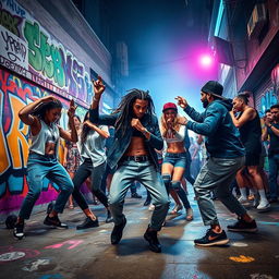 A dynamic and vibrant Hip Hop scene in an urban environment, featuring a diverse group of stylish young adults engaged in a lively dance-off on a graffiti-covered street