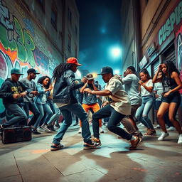 A dynamic and vibrant Hip Hop scene in an urban environment, featuring a diverse group of stylish young adults engaged in a lively dance-off on a graffiti-covered street
