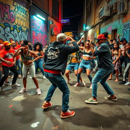 A dynamic and vibrant Hip Hop scene in an urban environment, featuring a diverse group of stylish young adults engaged in a lively dance-off on a graffiti-covered street