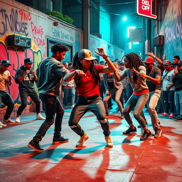 A dynamic and vibrant Hip Hop scene in an urban environment, featuring a diverse group of stylish young adults engaged in a lively dance-off on a graffiti-covered street