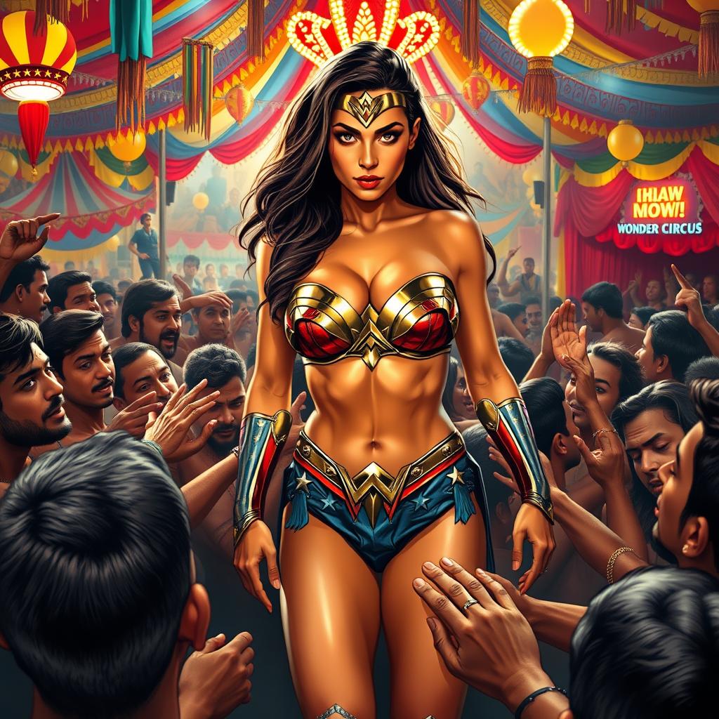 A captivating scene featuring Wonder Woman in a strapless bikini, showcasing her impressive cleavage, as she finds herself amidst an excited crowd of Indian men inside a lively, cheap Indian circus